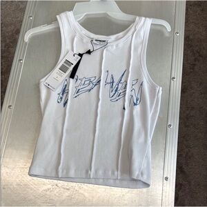 Noisy May White Ribbed Tank with Blue Graphic Script